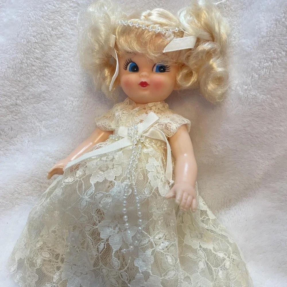 Vintage Christmas Tree Topper Blonde‎ Hair Lace Beaded Crown Rubber Plastic